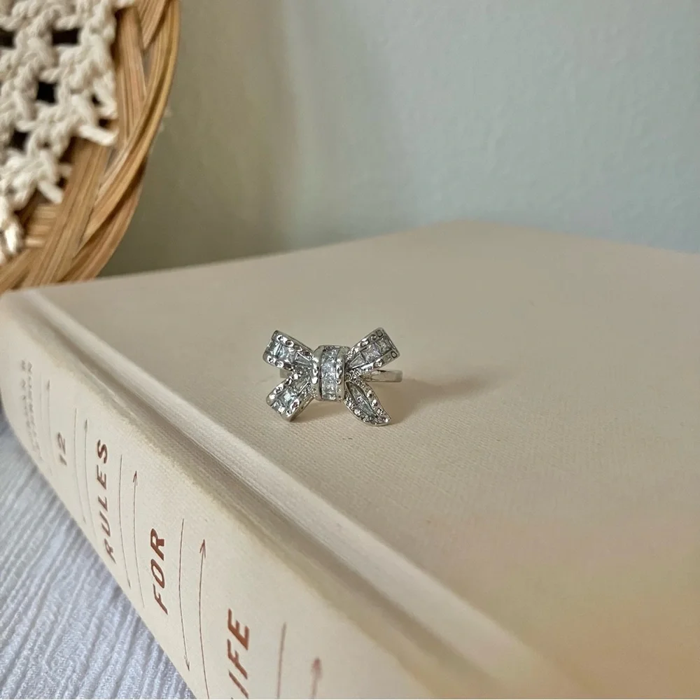 Silver Rhinestone Bow Glam Ring Girlhoodcore Coquette Femme Platinum Sparkly - Picture 8 of 12